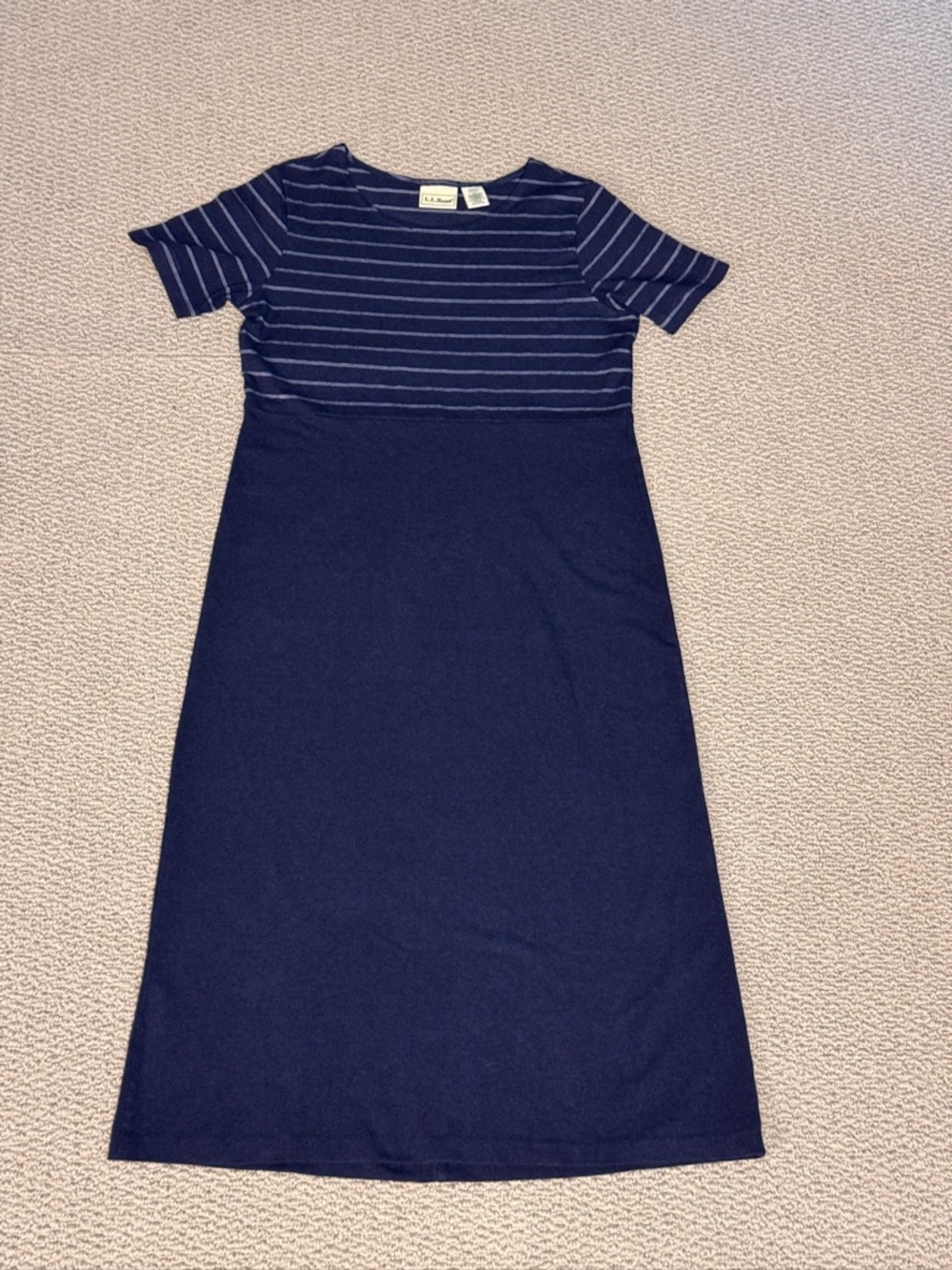 LL Bean Navy White Empire Waist Striped Midi Casual Dress Nautical VTG